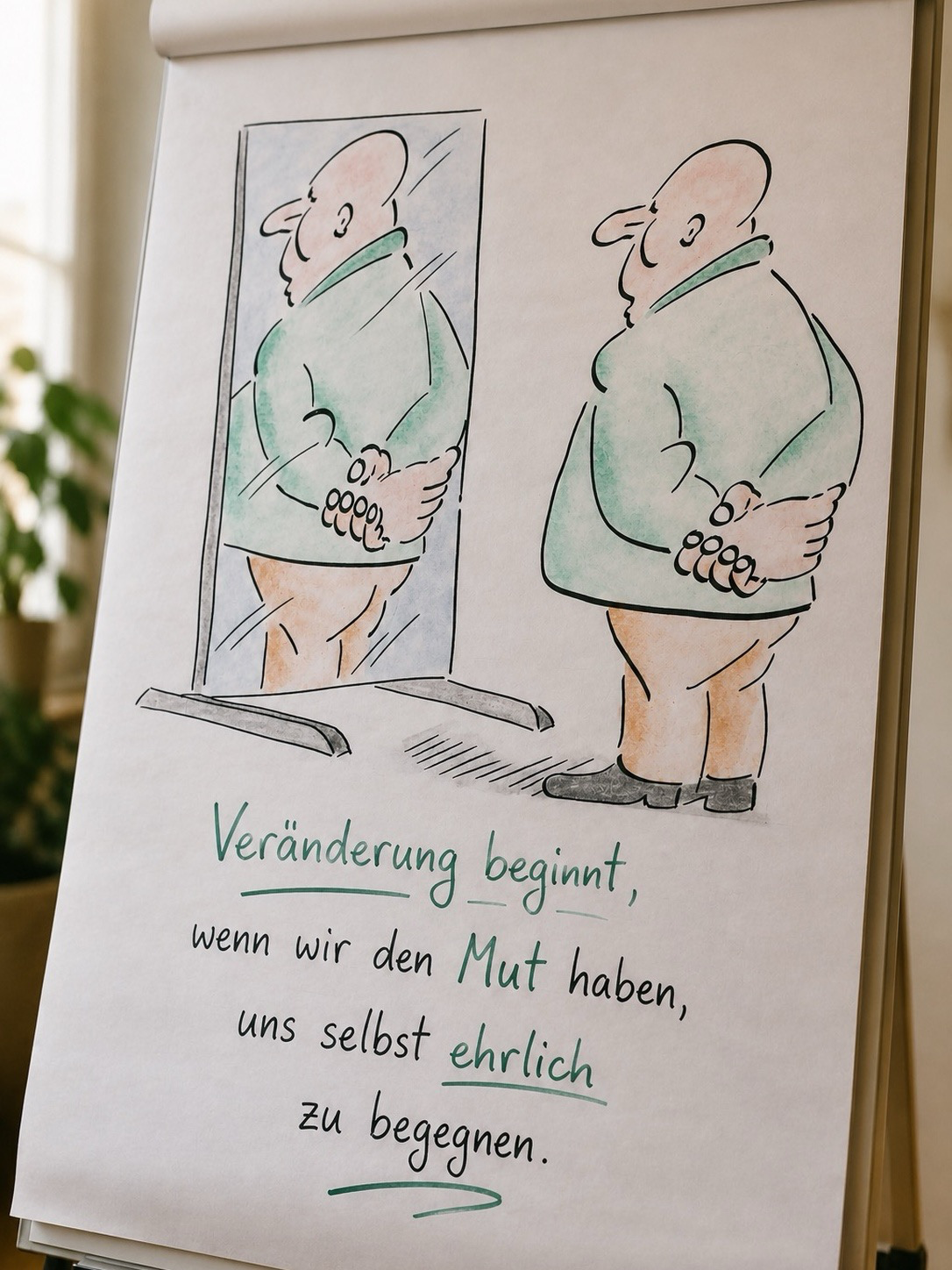 Flipchartzeichnung: Veränderung beginnt, wenn wir den Mut haben, uns selbst ehrlich zu begegnen.