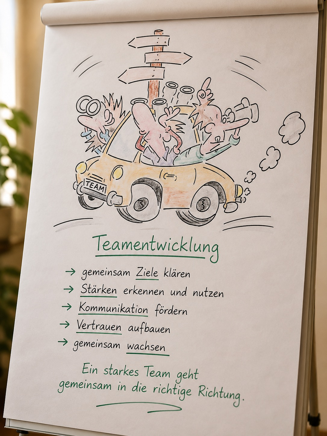 Flipchart zur Teamentwicklung mit einem Team auf gemeinsamer Fahrt.