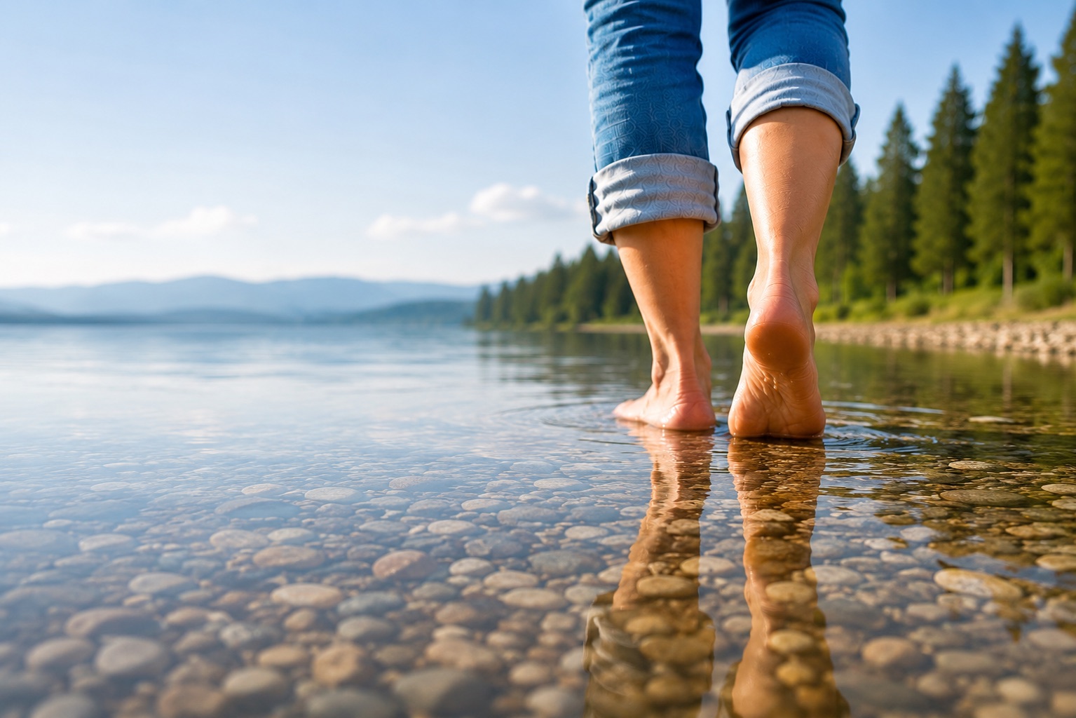 Barfuß durch klares Wasser an einem See