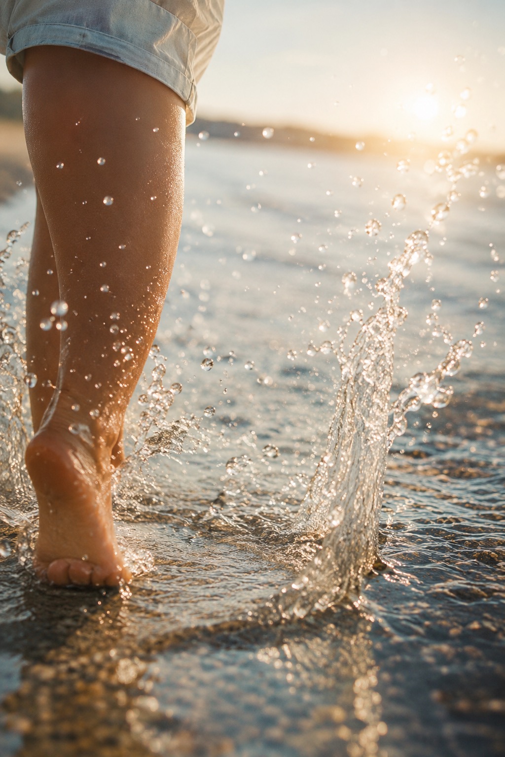 Ein Schritt durch flaches Wasser im warmen Abendlicht